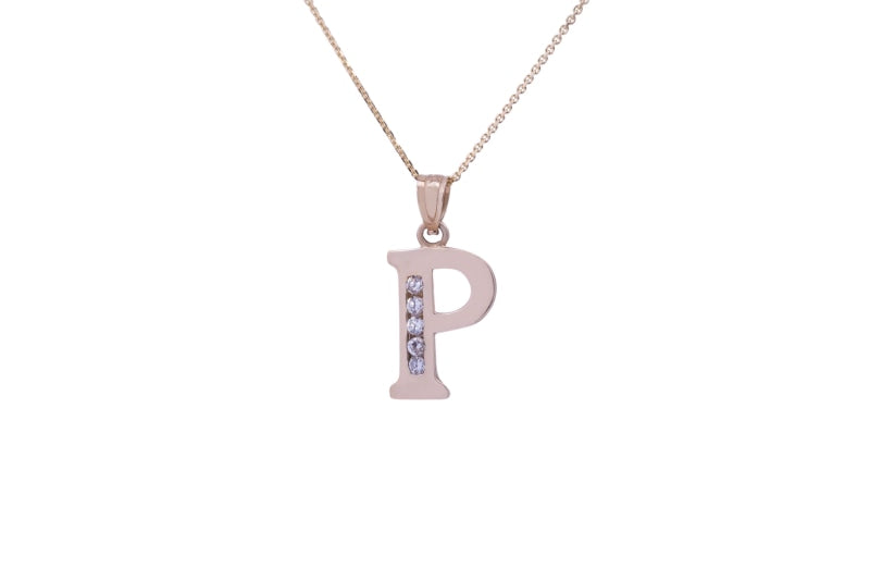 Letter P CZ Initial Pendant with Necklace in 14k Yellow Gold