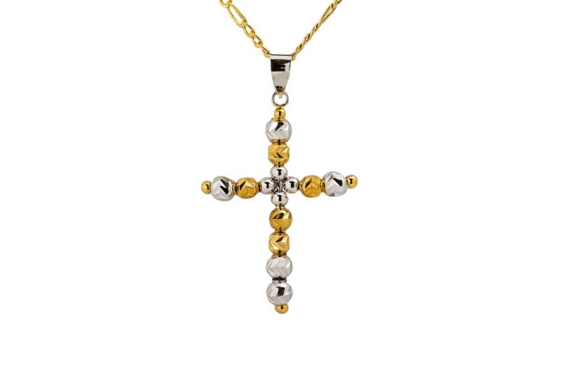 Bead Cross Pendant with Necklace in 14k Yellow and White Gold