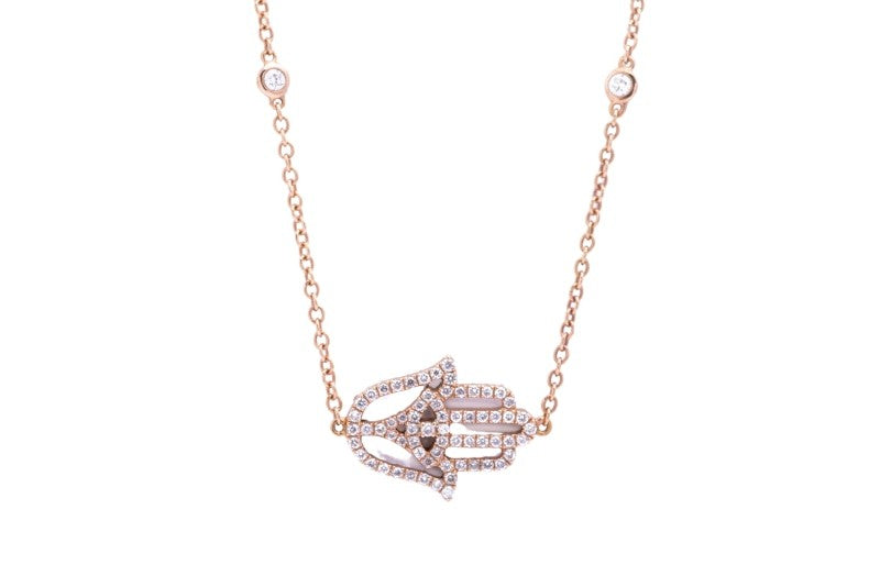 Hamsa Hand and Eye Diamond Pendant with Necklace in 18k Rose Gold