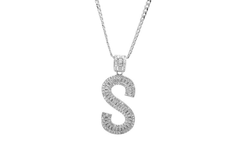 Sterling Silver Letter S Initial Baguette CZ Pendant with Necklace