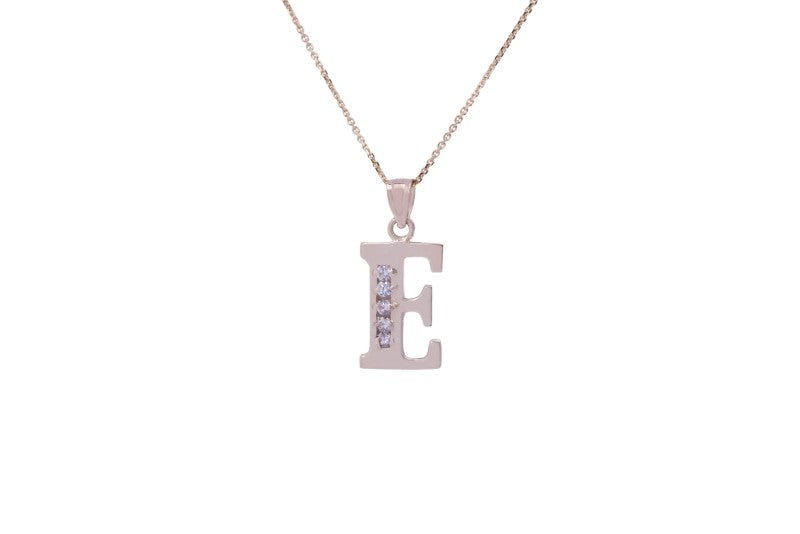 Letter E CZ Initial Pendant with Necklace in 14k Yellow Gold