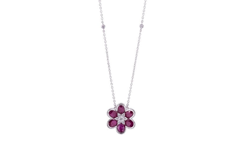 Floral Ruby and Diamond Daisy Pendant with Necklace in 18k White Gold