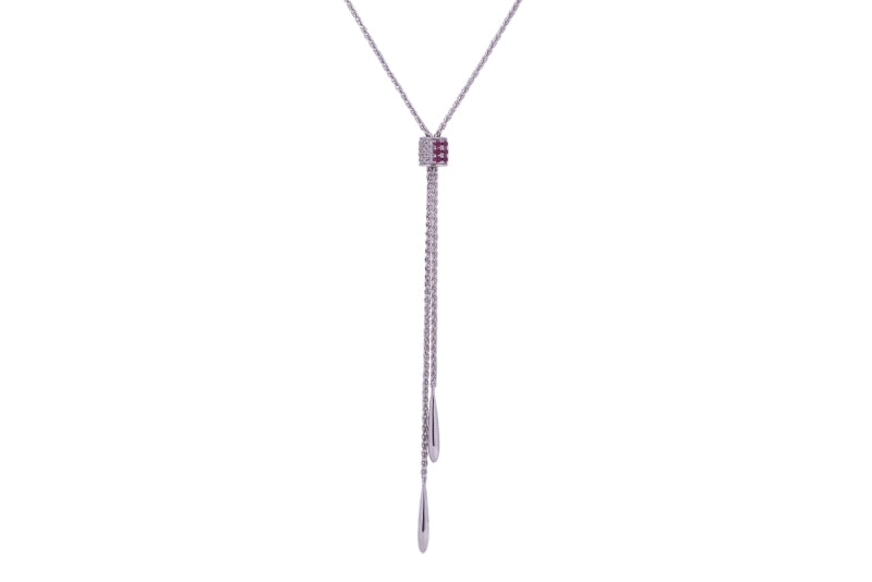 Hanging Barrel Ruby Gemstone and Diamond Pendant with Layering Necklace in 18k White Gold