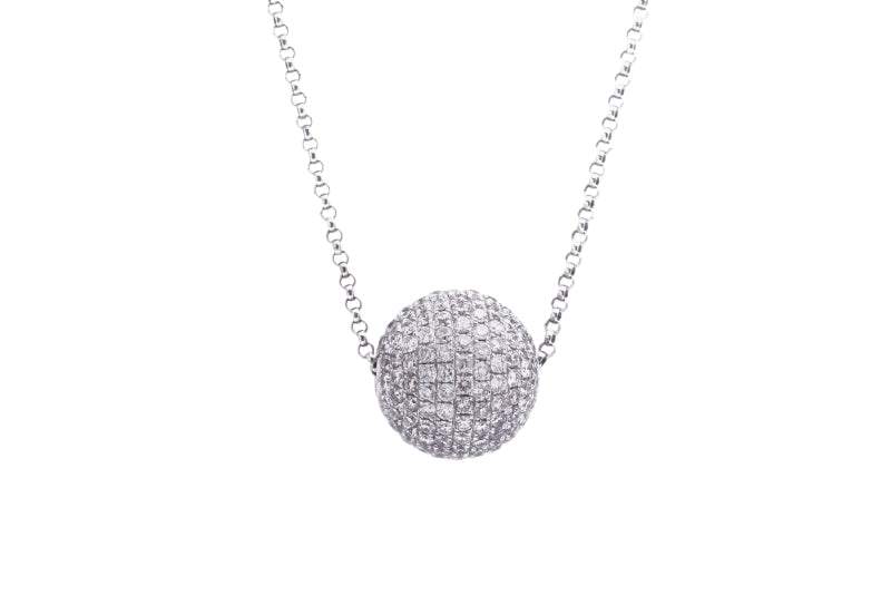 Round Disco Ball Diamond Pendant with Necklace in 18k White Gold