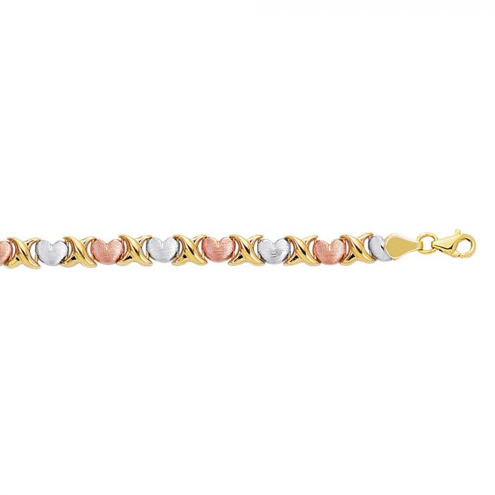 14K Gold Tri-color XOXO Heart Stampato Bracelet