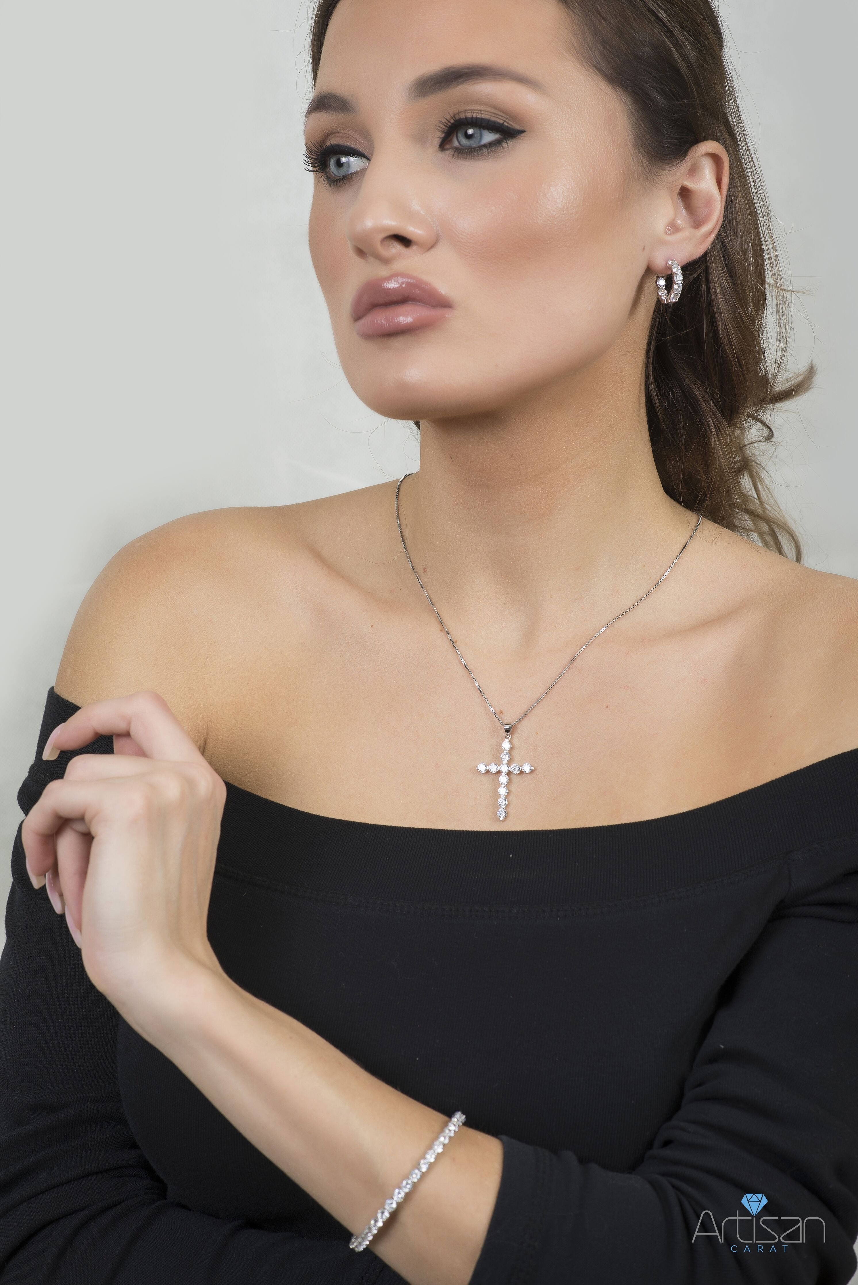 Sterling Silver Set Medium CZ Cross Pendant with Necklace Matching Round Huggies Earrings and Tennis