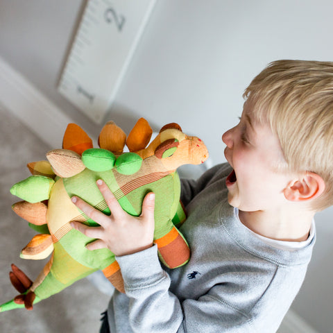 Boy enjoying stegosaurus toy