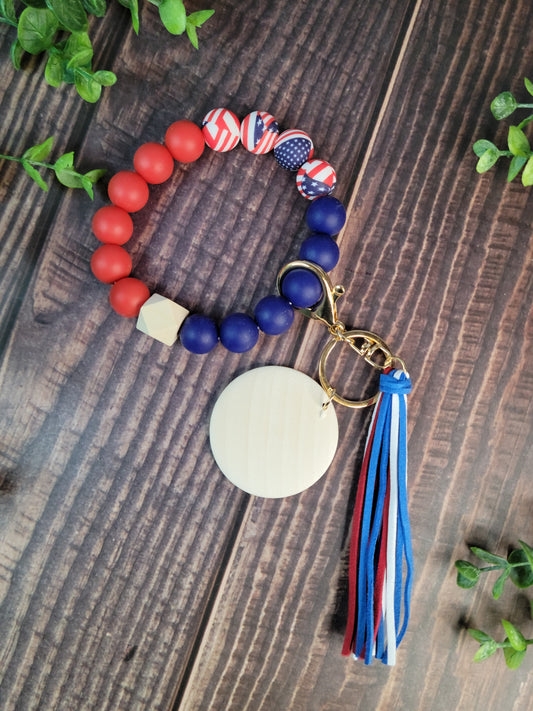 Silicone Leopard bead keychain bracelets with 2 light wood disc and  tassel, engraving blanks RTS