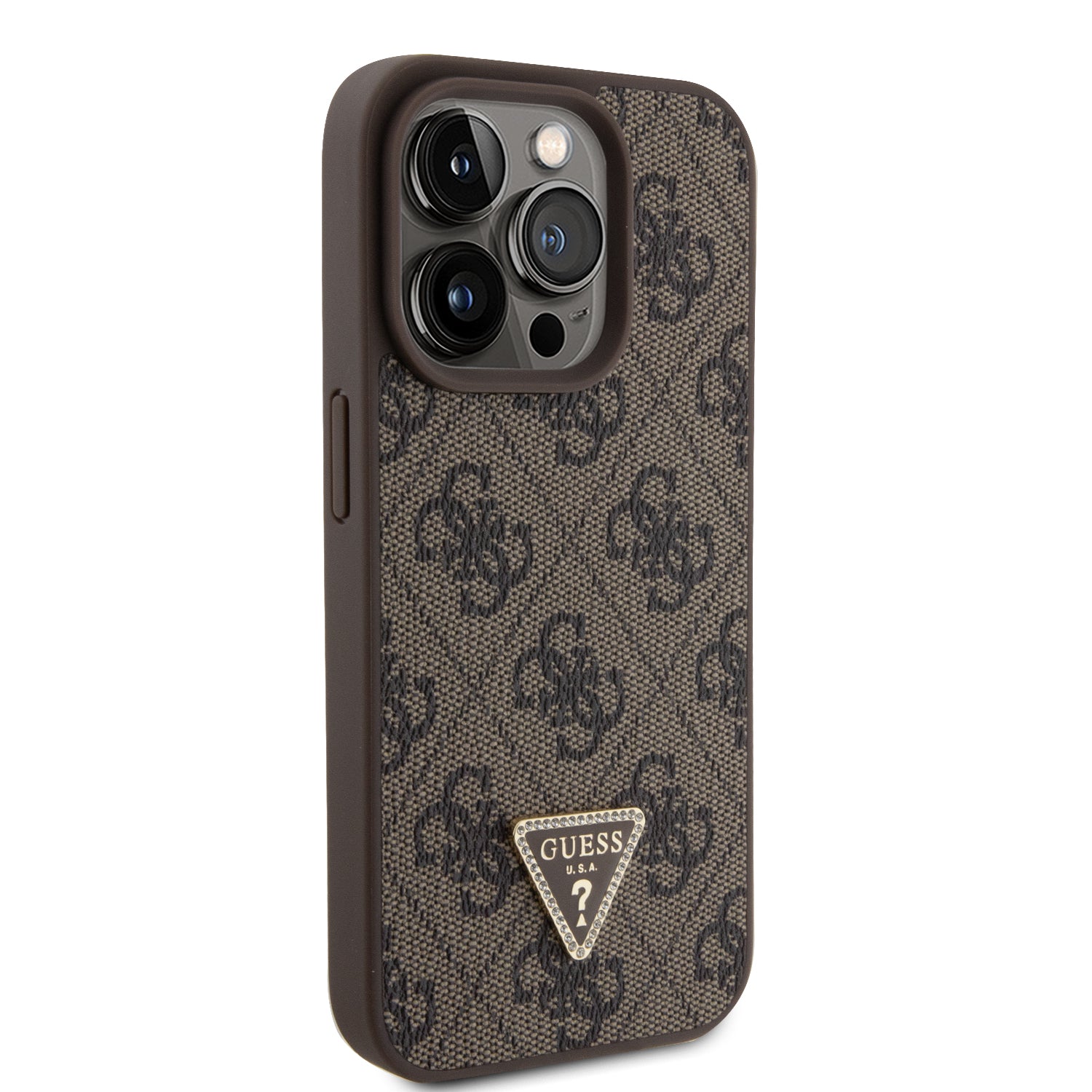 iPhone 15 Pro Max - PU Leather Brown Hard Case Metal Logo Strass