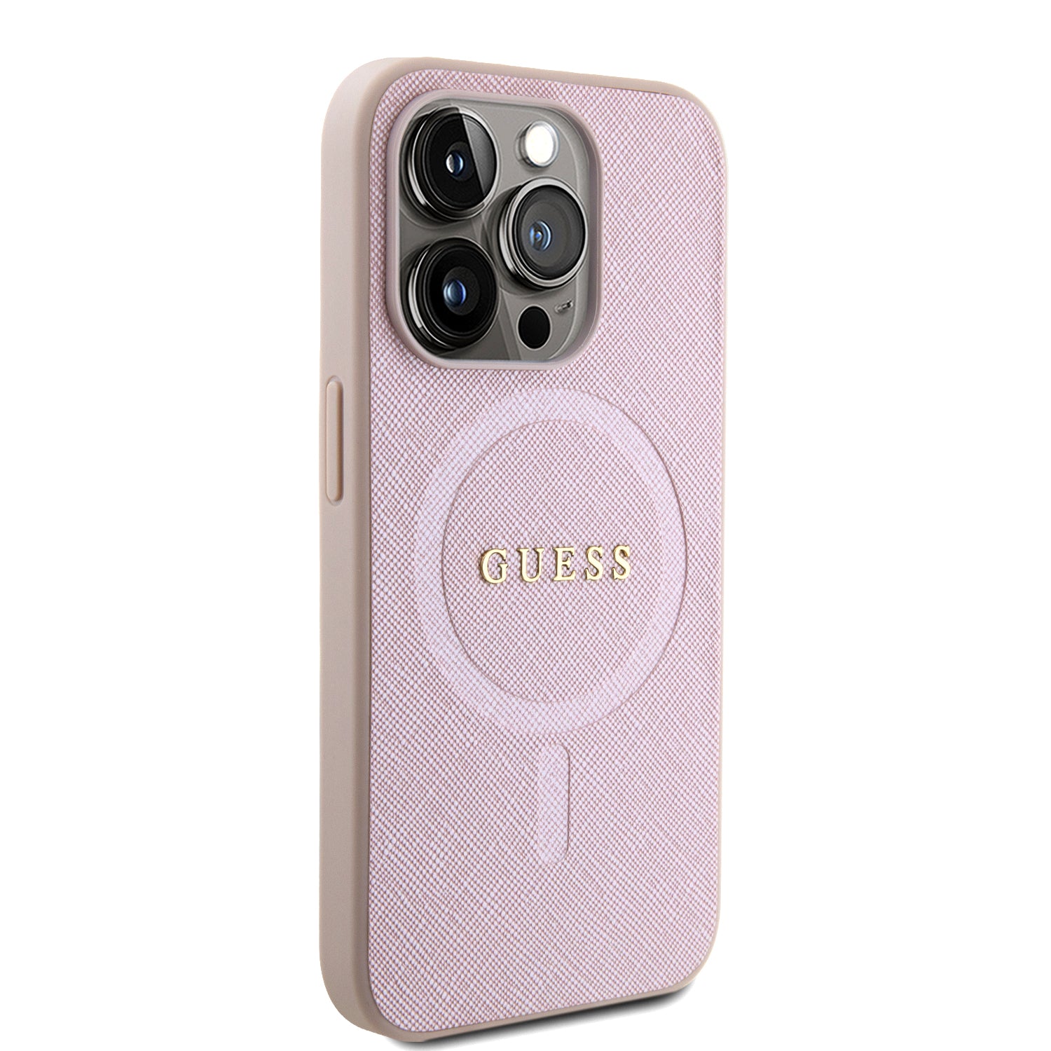 Cover Case IPHONE 15 Pro Guess Faux Leather Pink With Golden Logo