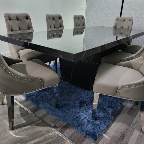 Modern Classy Marble Dining Table with 8 Classy Grey Leather Dining Chairs in Silver Stainless Steel frame