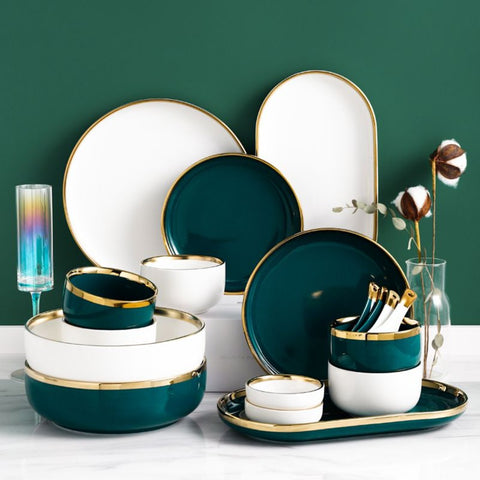Modern, Classy and Elegant Ceramic Dinner Set with Golden Trim Line in Green and White Colour Set