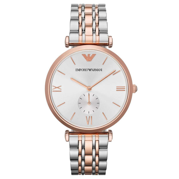 emporio armani slim ladies silver & rose gold watch ar1926