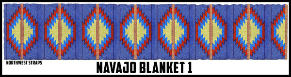 Blue yellow red brown Navajo blanket. Custom textile webbing design by Northwest Straps.