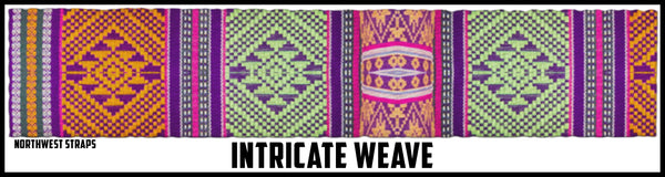 Green, orange, red, pink intricate weave blanket. Custom textile webbing design by Northwest Straps.