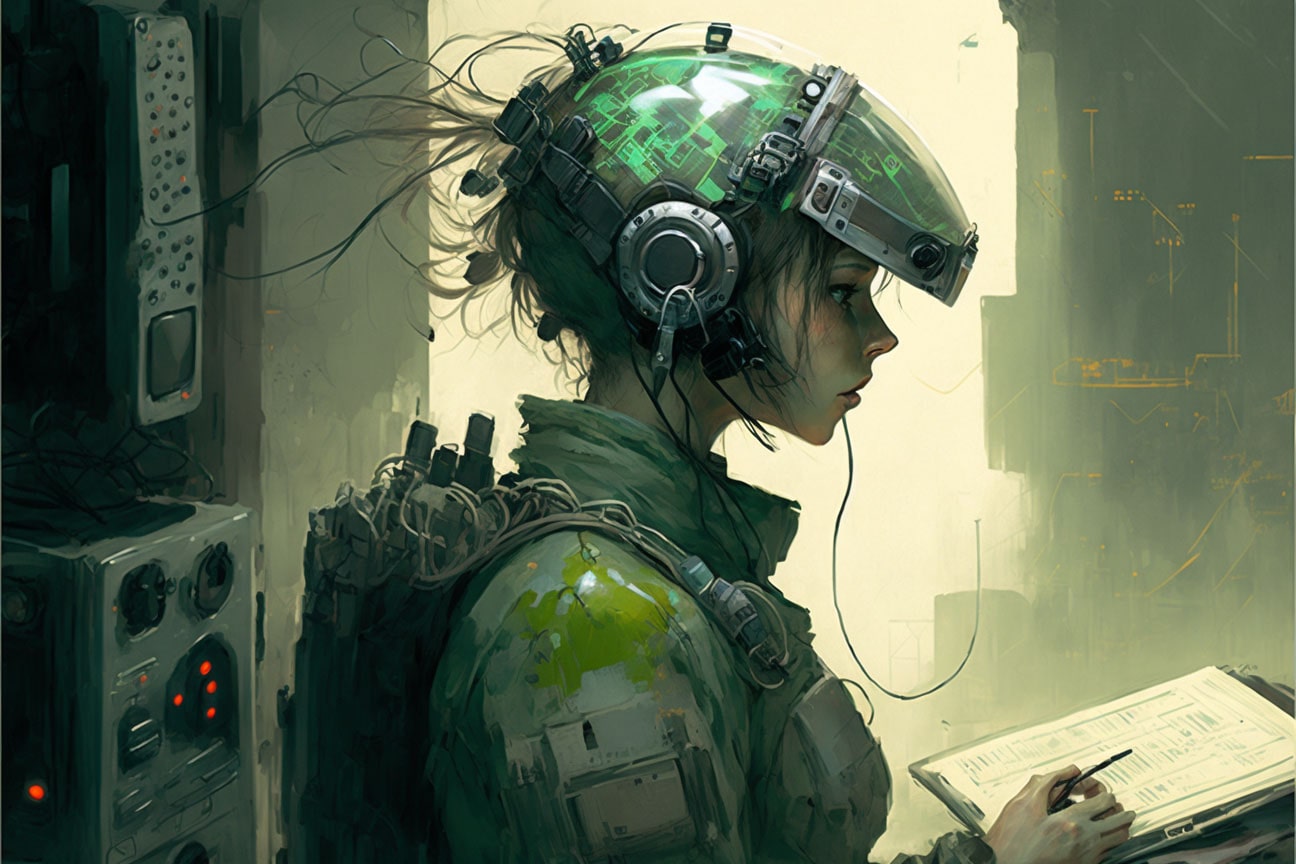 Futuristic solider with an EEG headset connected to a computer