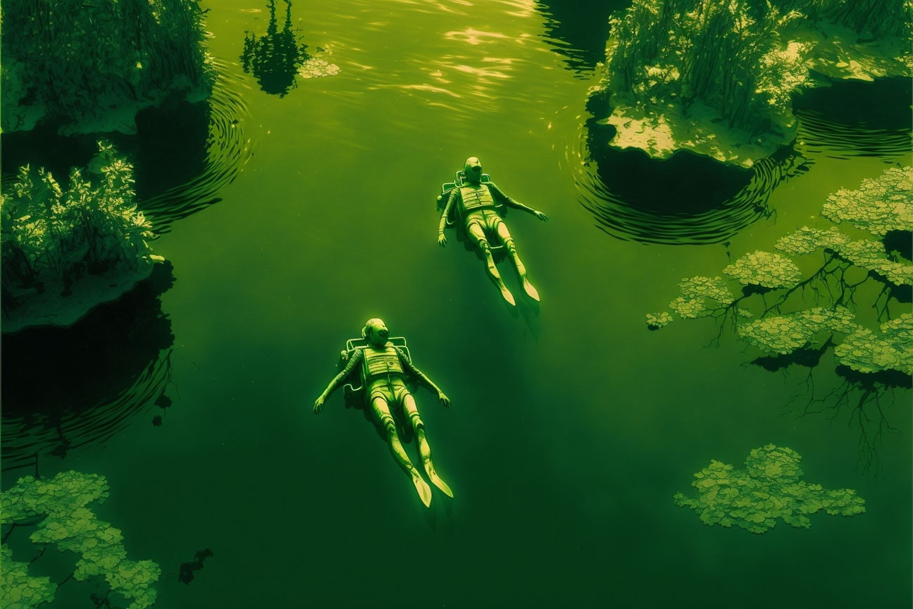 Human clones drifting in a green lake in a science fiction video production