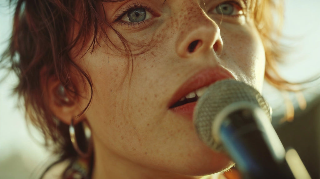 Close up of androgynous musician singing at a music festival during a video production in Melbourne from Enamoured Iris