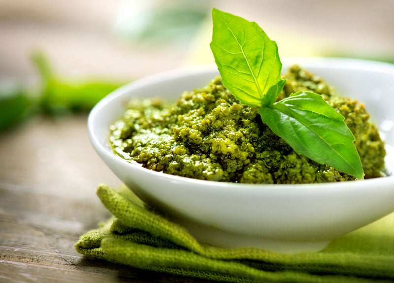 Sweet Lemon Pesto Sauce by Bee Inspired in a small white bowl