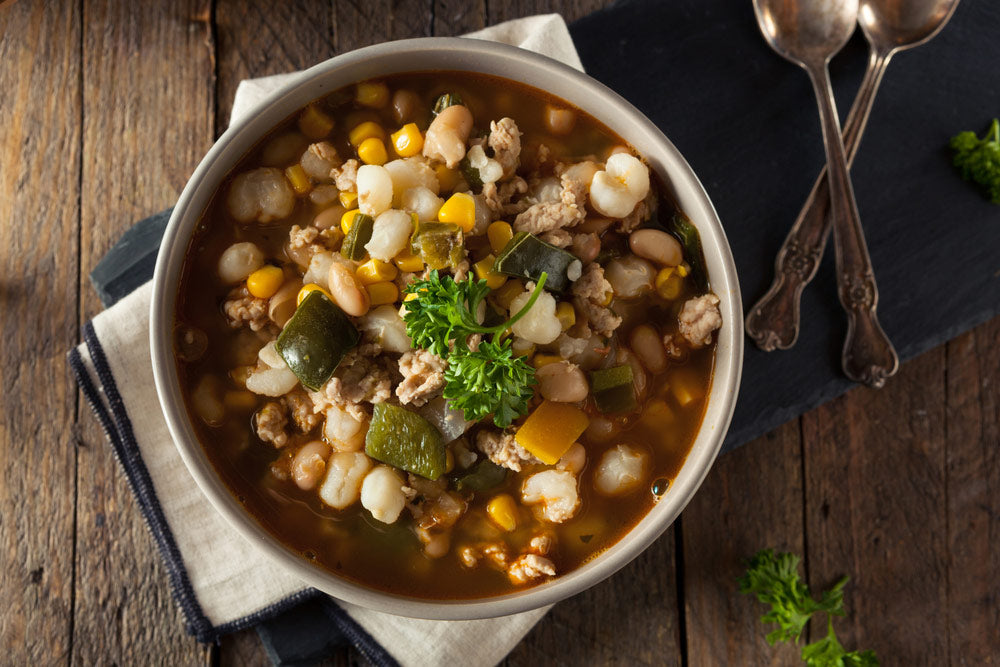 White chicken chili by Bee Inspired in a white bowl