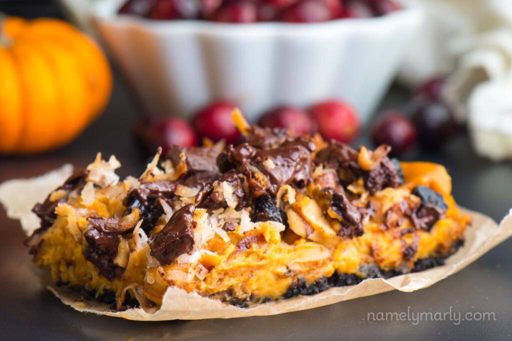 Pumpkin Magic Bars made with coconut, chocolate, and pumpkin from Namely Marly