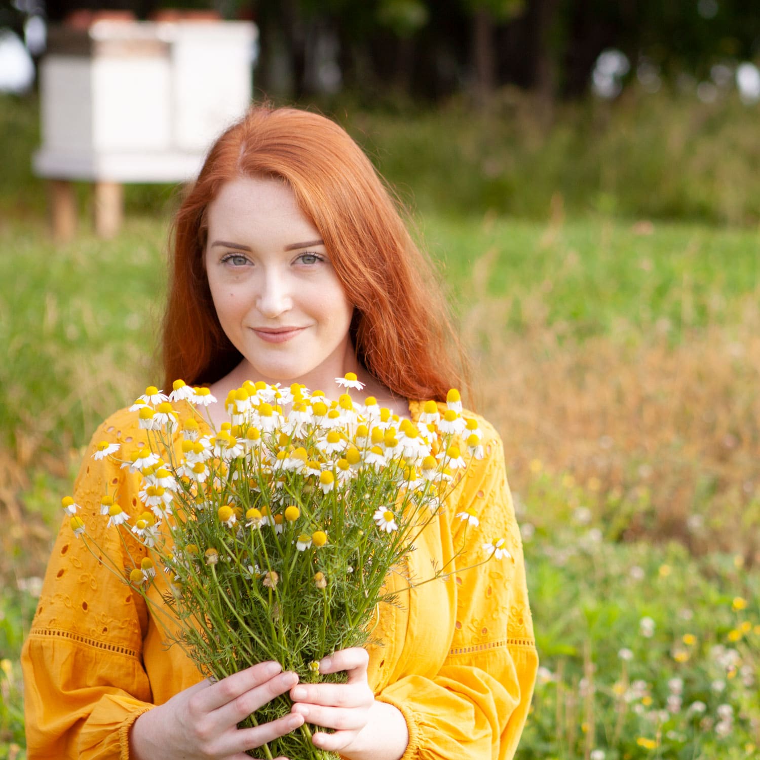Kaylin holding a bunch of chamomile flowers