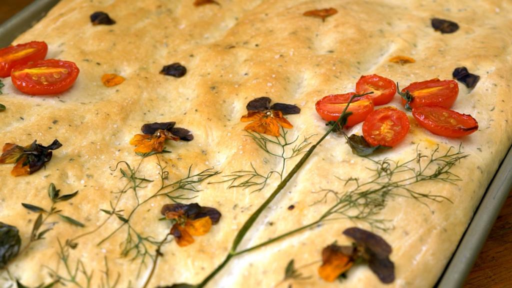 closeup of fresh-baked focaccia bread art