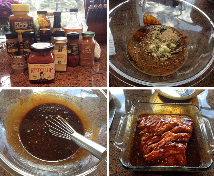 Honey BBQ Sauce Recipe in the making for BBQ brisket preparation in four steps, ingredients, mixing of ingredients and marinating meat