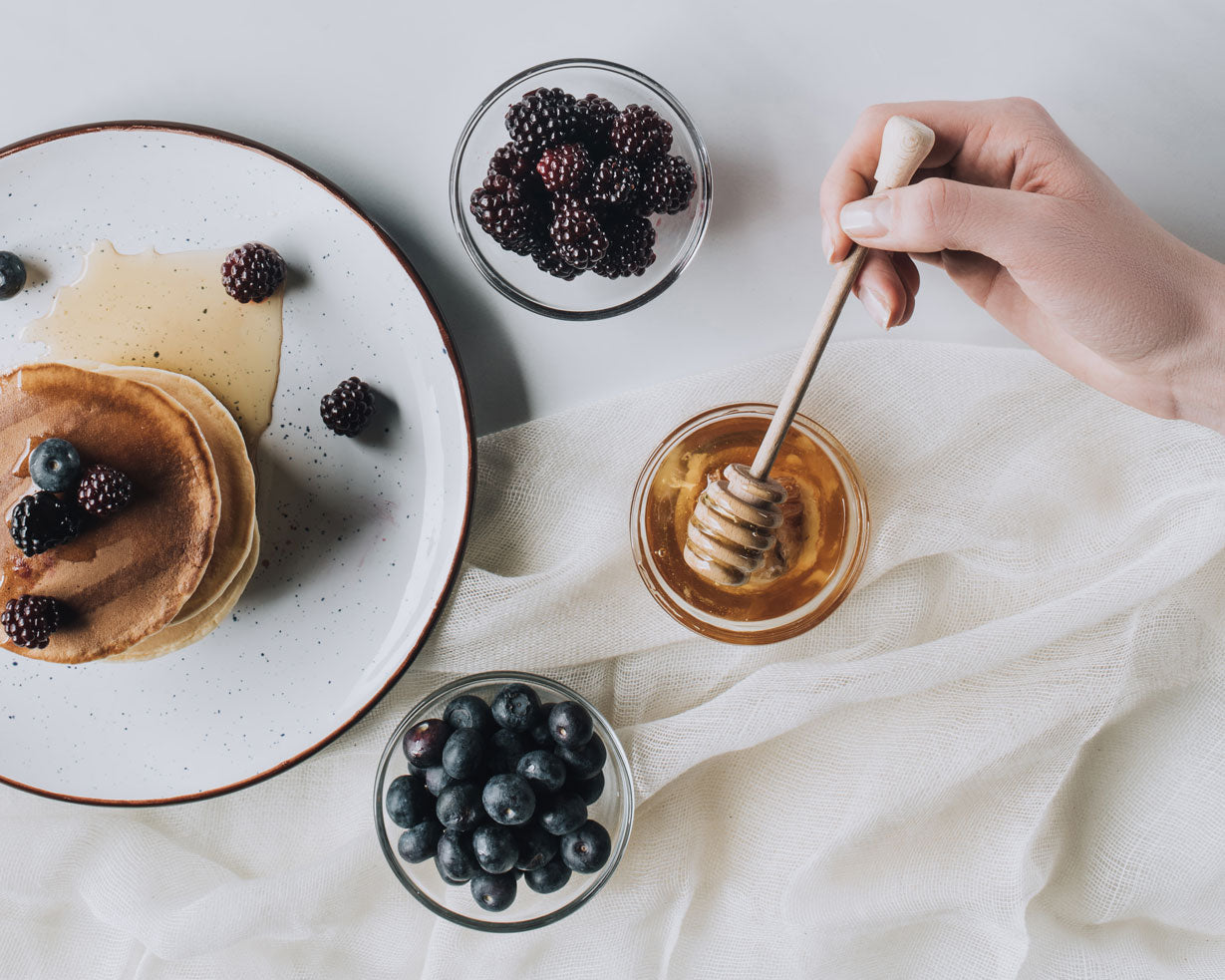 Blackberry Pancakes with honey