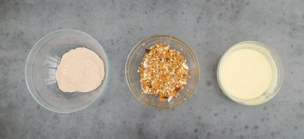 Wet, dry and crunchy ingredients for making breakfast cookies