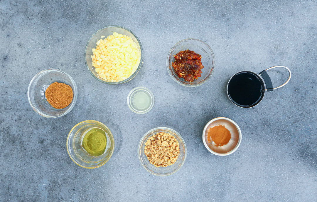 Ingredients to make Passover Charoset on grey table