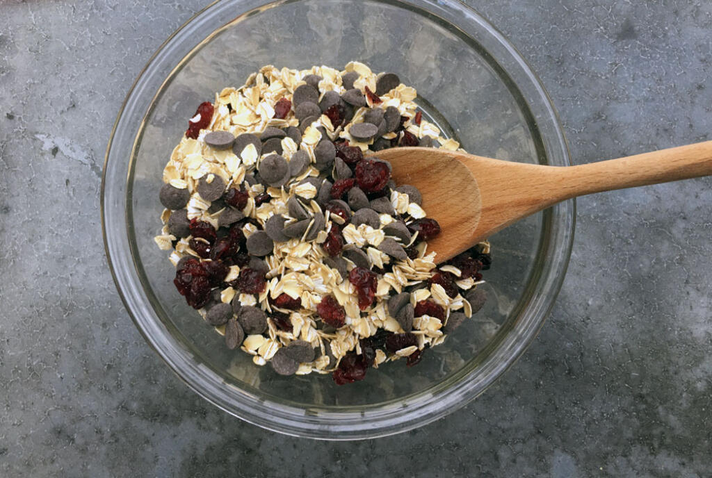 Dry and chunky ingredients for vegan chocolate chip cookies