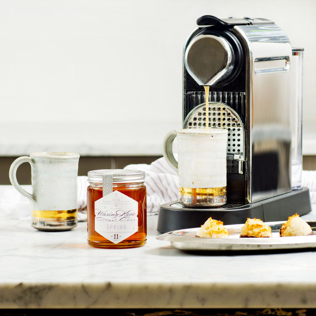 Coconut Macaroons and coffee maker on kitchen counter with our Spring honey from Chesterhaven Beach Farm