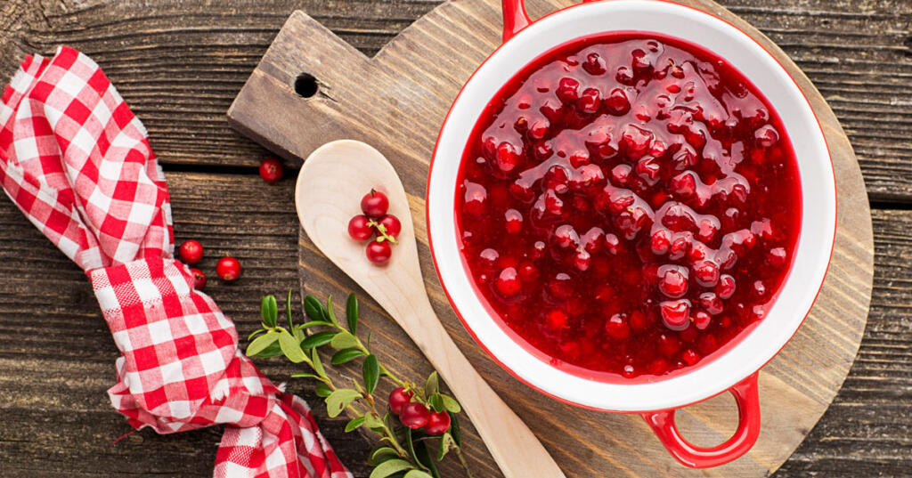 cranberry relish on board with red and white checkered napkin