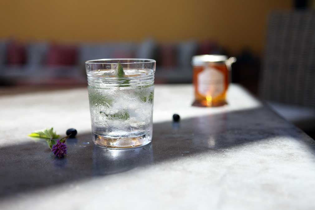 Eastern Shore Honey Vodka Collins on table with blueberries and a jar of eastern shore honey on the porch table