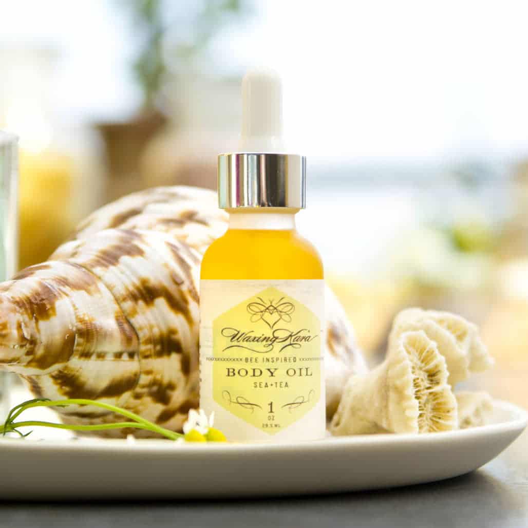 Sea+Tea Body Oil with seashells on Chesterhaven Beach Farm