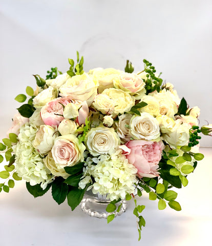 Classic english garden in white and pink silk flowers 