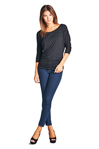 RENEEC. Women's 3/4 Dolman Sleeve Round Neck Heather Knit Top - Made in USA (X-Large, Black)