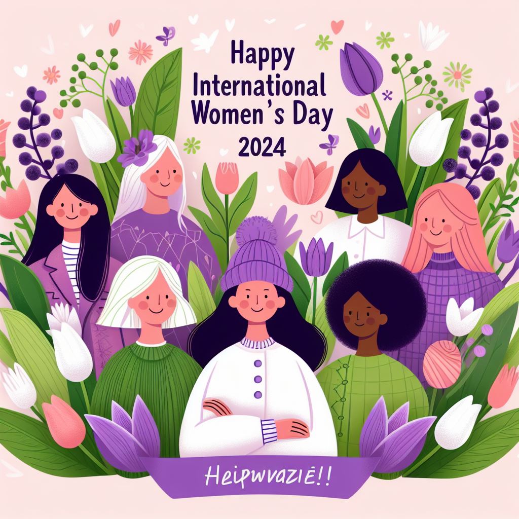 International Women's Day 2024 - Happy International Women's Day 2024, incorporating the official colors of IWD which are purple, green, and white, and symbols such as flowers, specifically roses and tulips, and the original French symbols of IWD, Violets and Lilies of the Valley.  kimlud.com