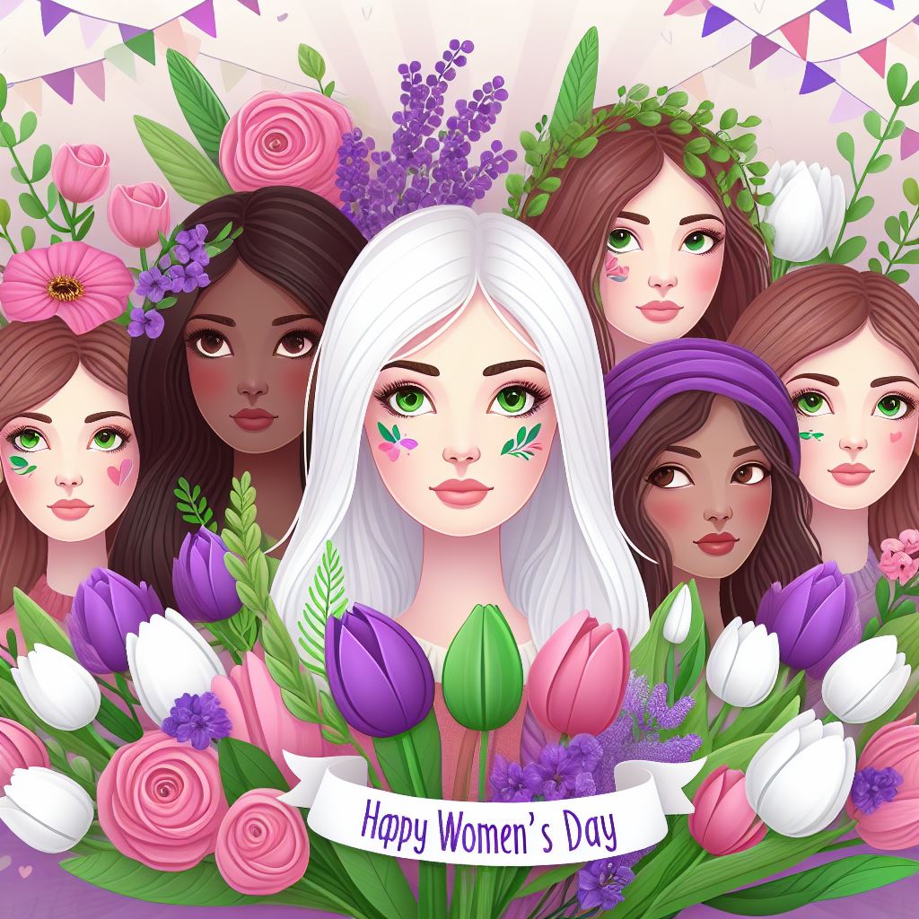 International Women's Day 2024 - Happy International Women's Day 2024, incorporating the official colors of IWD which are purple, green, and white, and symbols such as flowers, specifically roses and tulips, and the original French symbols of IWD, Violets and Lilies of the Valley.  kimlud.com