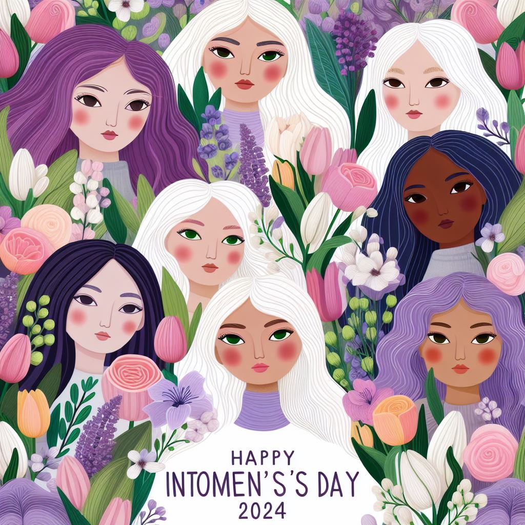 International Women's Day 2024 - Happy International Women's Day 2024, incorporating the official colors of IWD which are purple, green, and white, and symbols such as flowers, specifically roses and tulips, and the original French symbols of IWD, Violets and Lilies of the Valley.  kimlud.com