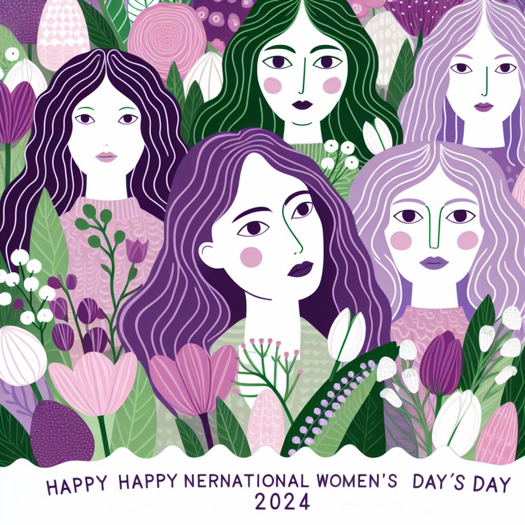 International Women's Day 2024 - Happy International Women's Day 2024, incorporating the official colors of IWD which are purple, green, and white, and symbols such as flowers, specifically roses and tulips, and the original French symbols of IWD, Violets and Lilies of the Valley.  kimlud.com