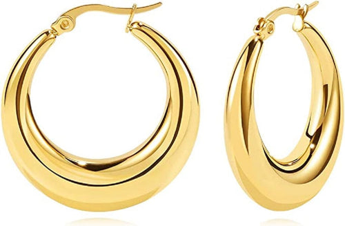 18K Gold Plated Large Thick Hoops Earrings Stainless Steel Lightweight ...