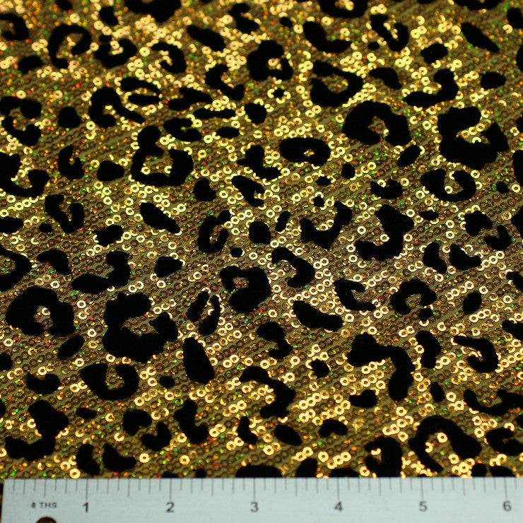 Flocked Cheetah Print Sequin Spandex Gold