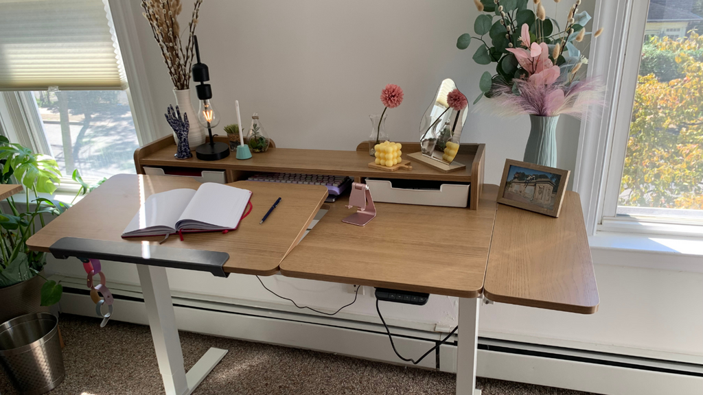 An open book, pen, mobile stand, flower pot on the Sunaofe artificer pro standing desk