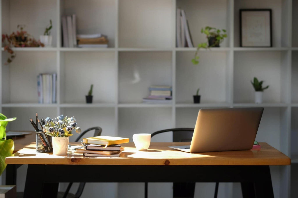 Bright modern office with computer laptop, houseplant and supplies on wooden table sunaofe blog 2240x1260