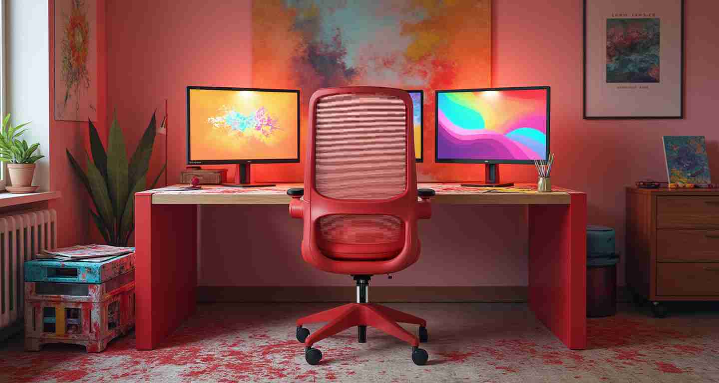 Vibrant Office Setup with Red Chair and Dual Monitors
