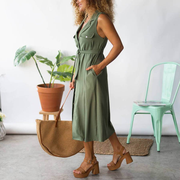 Look green dress and earth tone accessories