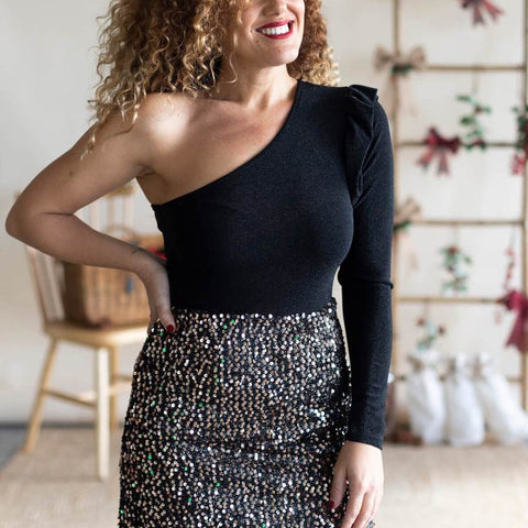 Asymmetrical black bodysuit with sequin skirt 