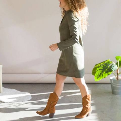 Cowboy style boots with shirt dress